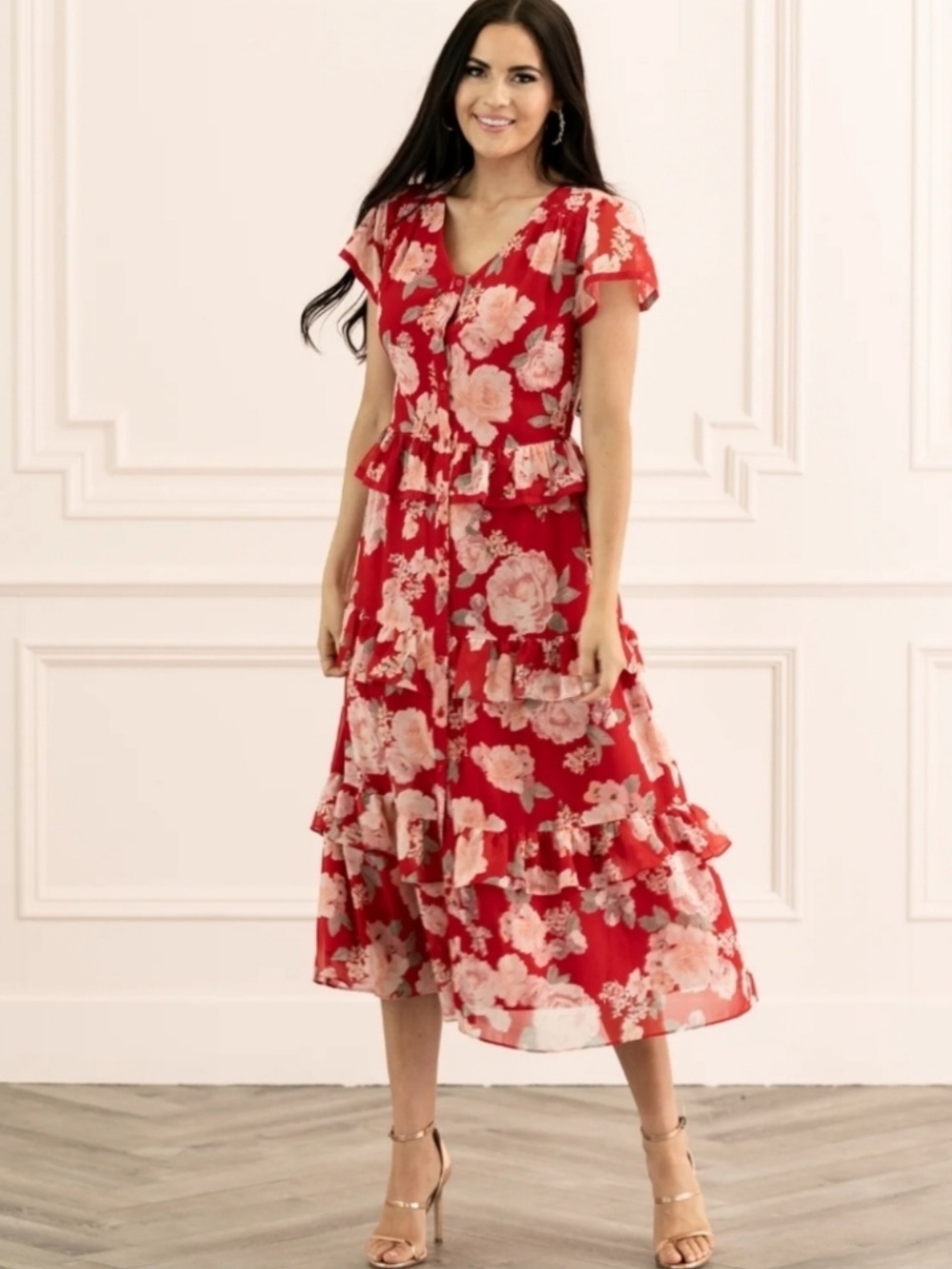 Rachel Parcell Chinoise Riviera Floral Tiered Cap Sleeve Midi Dress - Medium